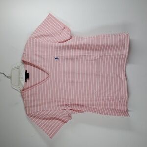 RALPH LAUREN SPORT Pink White Striped Short Sleeve V Neck Cotton Shirt L